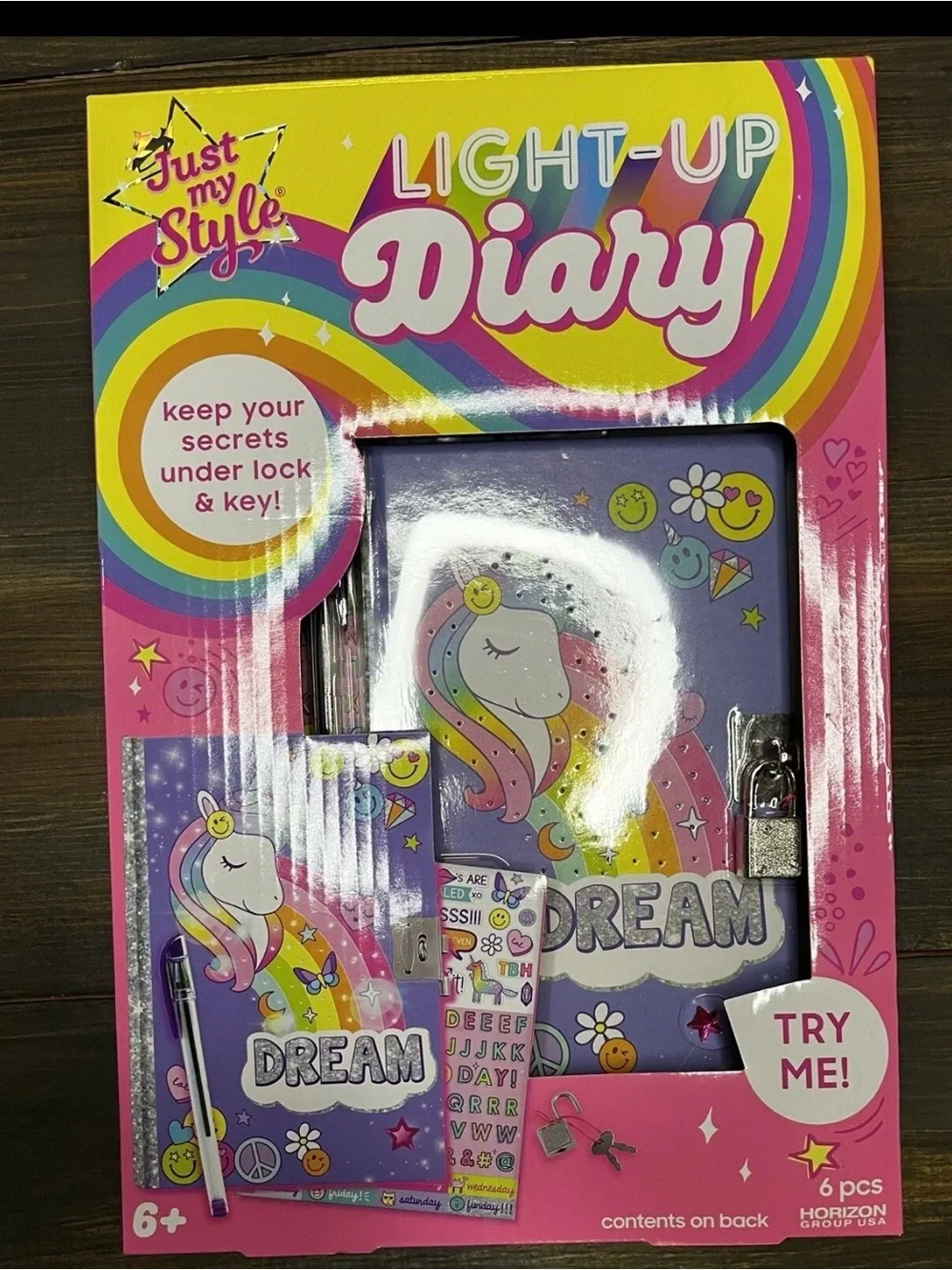 Just My Style Light-Up Diary Unicorn Rainbow Lock & Key 6pc New Sealed